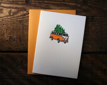 Letterpress Printed Volkswagen Bus Christmas Card - single