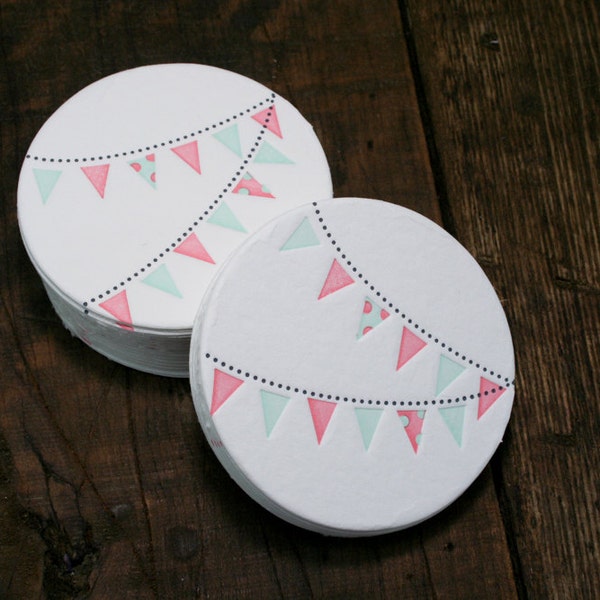 Set of 12 - Letterpress Printed Pennant Coasters (Pink + Mint Green)