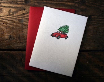 Letterpress Printed Volkswagen Bug Christmas Card - single