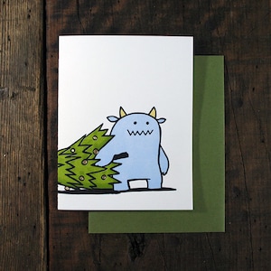 Letterpress Monster Duo mit Weihnachtsbaumkarte