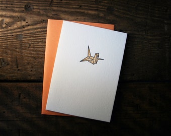 Letterpress Printed Origami Crane Card (Orange) - single