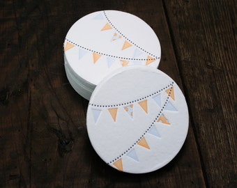 Set of 12 - Letterpress Printed Pennant Coasters (Blue + Orange)