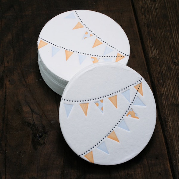 Set of 12 - Letterpress Printed Pennant Coasters (Blue + Orange)