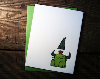 Letterpress Christmas Tree Monster Card - single