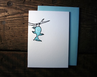 Letterpress Upside-Down Turquoise Bird Card - Single