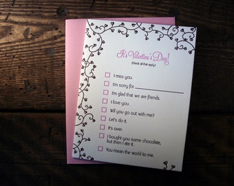 Letterpress Printed Valentine Checklist Card - single