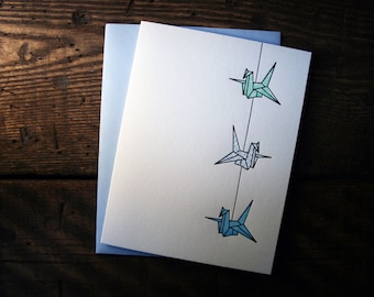 Letterpress Printed String of Cranes Card (Turquoise-Light Blue-Medium Blue) - single