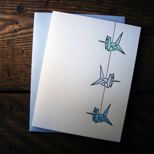 Letterpress Printed String of Cranes Card (Turquoise-Light Blue-Medium Blue) - single