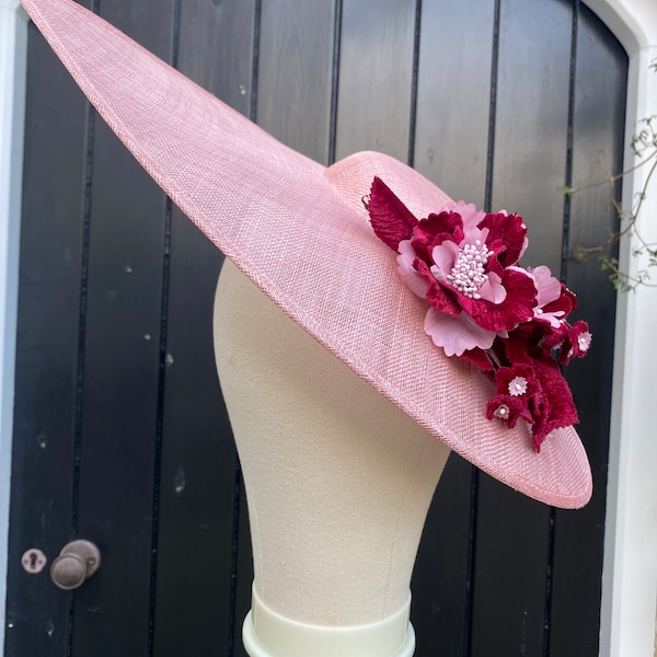 Kentucky derby hat, pink & burgundy derby hat, floral ascot hat woman, straw fascinator, wedding hat, ascot hat, mother of bride hat