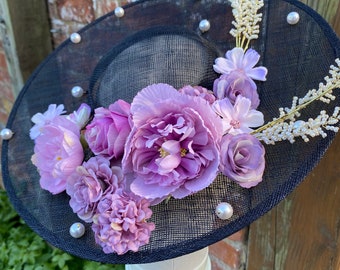 Kentucky derby hat, black pearl floral derby hat, ascot hat woman, straw fascinator, wedding hat, ascot hat, mother of bride hat, floral hat