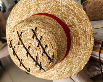 Large  Luffy Straw hat custom Hand stitched Leather - for cosplay  with Drawstring and wooden toggle One Piece after Buggy Attack