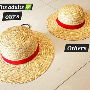 May include: Two straw hats with red ribbon bands. The larger hat is labeled "Fits adults" and the smaller hat is labeled "Others".
