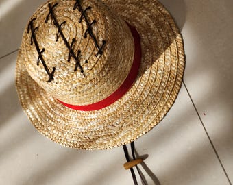 Extra Large Luffy Straw hat custom Hand stitched Leather - for cosplay  - with Drawstring and wooden toggle One Piece after Buggy