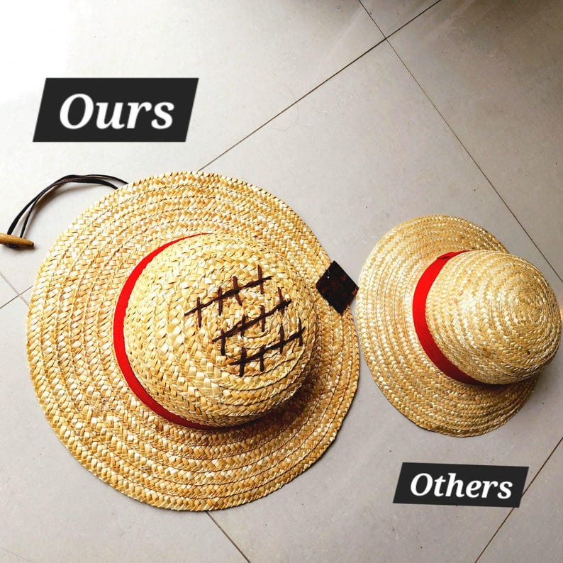 May include: Two straw hats with red ribbon trim. The larger hat has a woven design on the crown. The text "Ours" is above the larger hat and "Others" is below the smaller hat.
