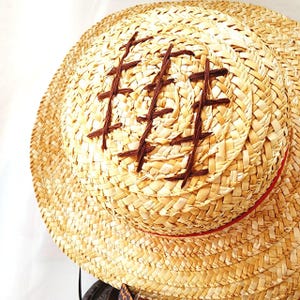 May include: A straw hat with a brown woven design and a red band around the crown. The hat has a wide brim and is made of natural materials.