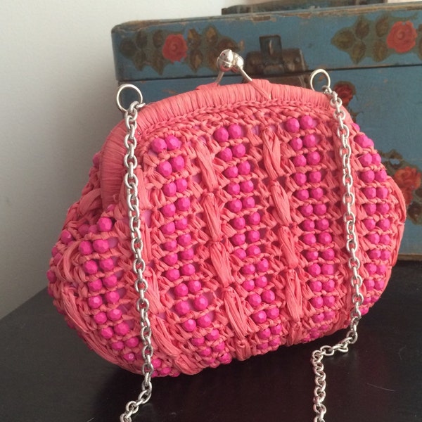 Vintage Ann Robin Pink Raffia and Bead Purse Made in Italy