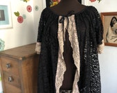 Vintage Black Lace Bed Jacket, MId Century Robe or Duster, Ivory Lace Trim and Short Bell Sleeves