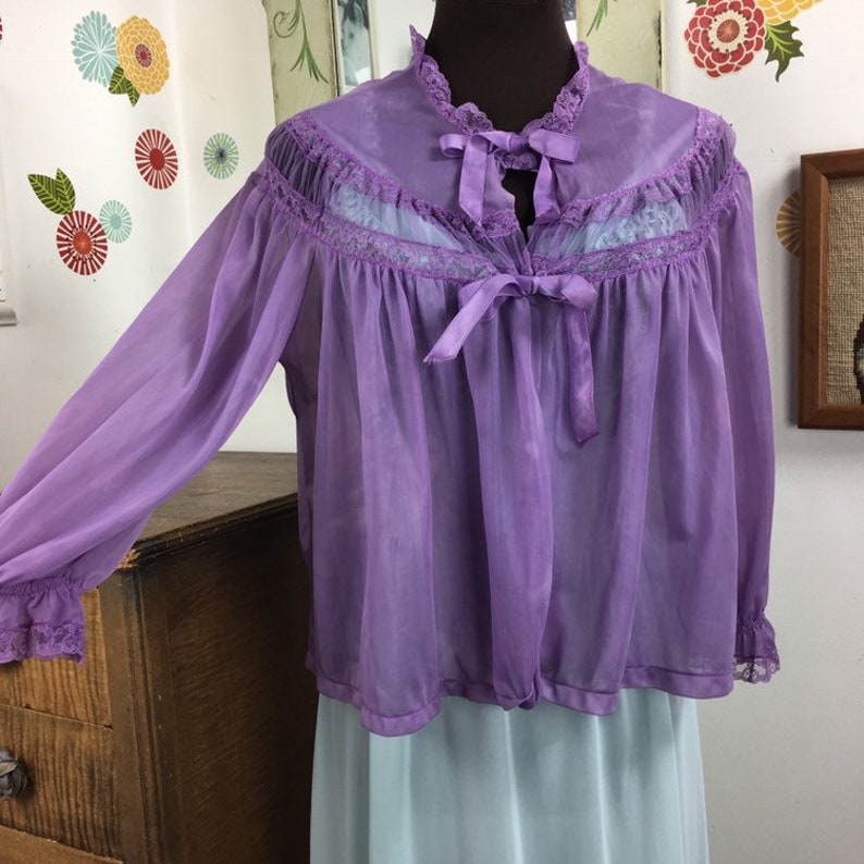 Hand Dyed Pajama Top Vintage Bed Jacket Semi Sheer Pajama Jacket Mid Century Lingerie Pin Up Girl Style Lavender Night Top