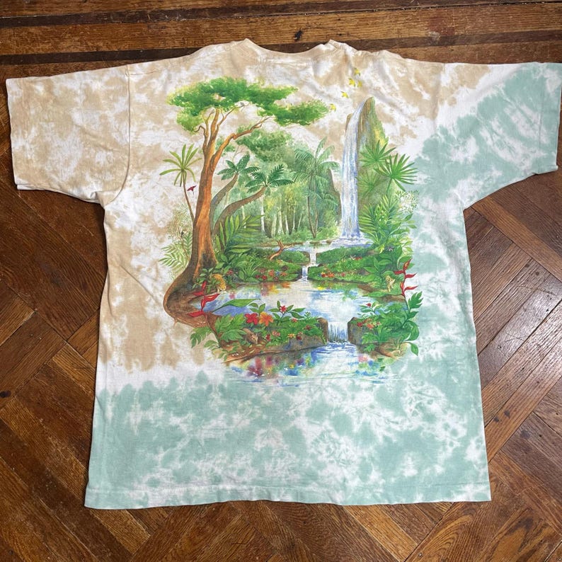 Vintage Liquid Blue Rainforest Preserve Paradise T-Shirt, 1990s Tie Dye Tee XL immagine 6