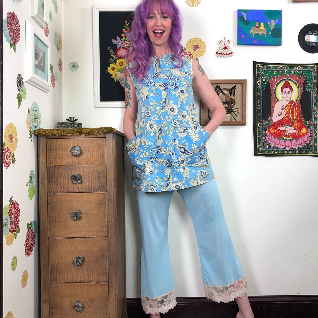 Vintage Nylon Pajama Pants, Aqua Colored Pants With Elastic Waist and