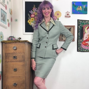 Vintage Green Wool Herringbone Suit, 1980s Skirt & Blazer, Size Small