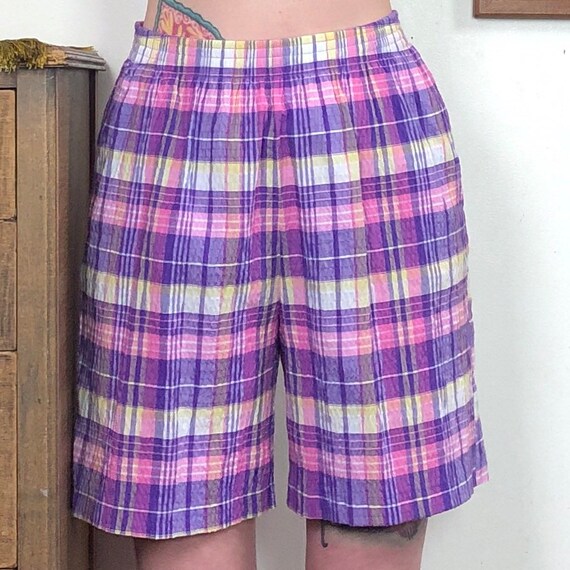 Vintage Pastel Plaid Seersucker Shorts, 1990s Ber… - image 5