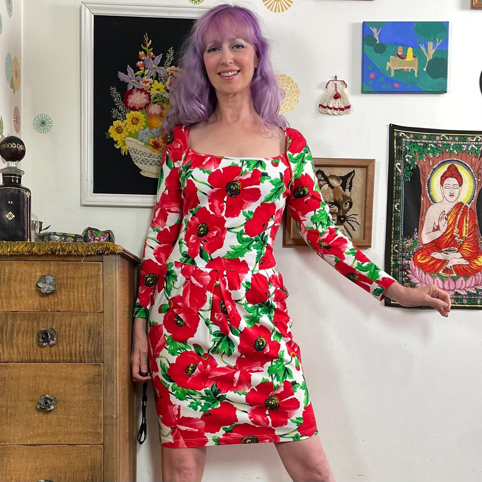 Vintage Poppy Print Dress, 1980s Adrienne Vittadini Cotton Jersey