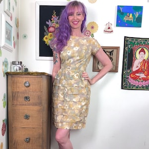 Vintage Gold Floral Wiggle Dress, 1950s Mustard Day Dress with Tiered Skirt, Size Small