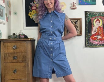 Vintage Cotton Day Dress, 1960s Blue Chambray Dagger Collar House Coat Sz XL-1X