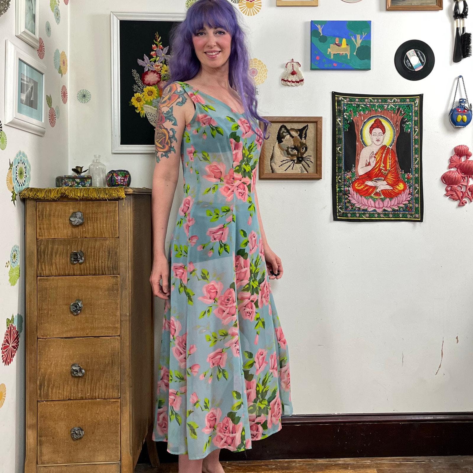 Vintage Betsey Johnson Rose Print Maxi Dress, 90s Sheer Floral