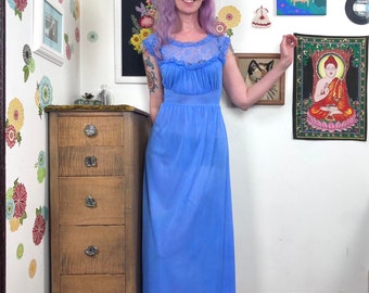 Vintage Sapphire Blue Slip Dress, 1960s Cottagecore Style Nightgown Size S-M.