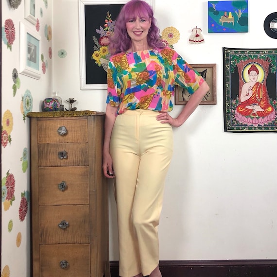 Vintage Yellow Polyester Knit Pants, 1980s Slacks… - image 1