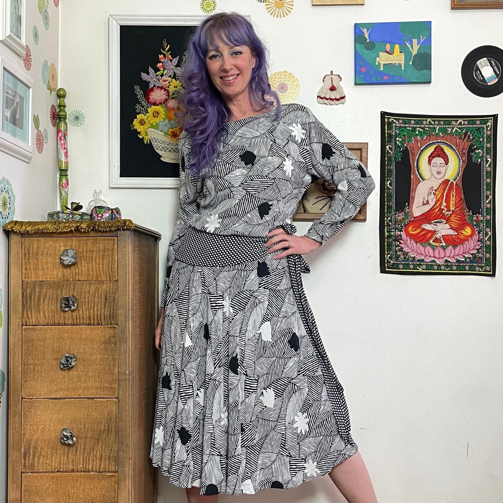 80s Black and White Dress - Etsy