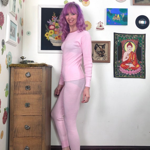 Vintage Pink Waffle Weave Long Johns, Thermal Kni… - image 4