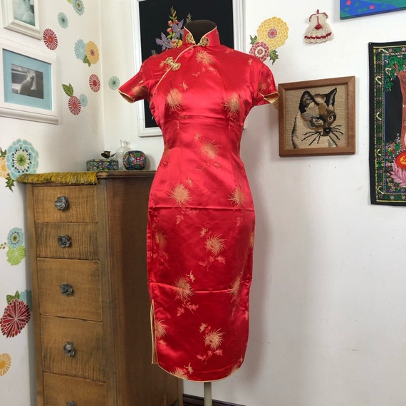 Vintage Cheongsam Dress, 1970s Red & Gold Satin E… - image 1