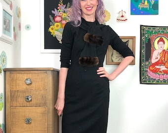 Vintage Black Wool Wiggle Dress with Fur Trim Collar, 1950s 1960s Sheath Dress, Size S