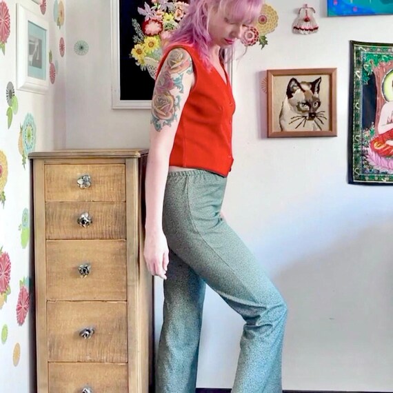 Vintage Polyester Pull-On Pants, 1970s Green Twee… - image 6