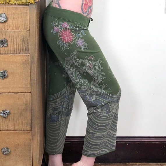 Vintage Lucky Brand Sweatpants Sz L, Y2k Cropped Olive Green Asian Koi  Print 