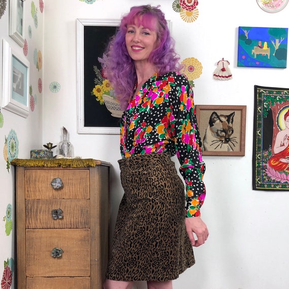 Vintage Leopard Print Mini Skirt, 1990s Corduroy … - image 4