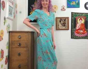 Vintage Aqua Floral Secretary Dress, 90s Karin Stevens Dress with Faux Jacket Top Size M