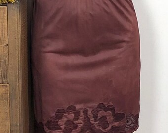 Vintage Half Slip with Applique, 1970s Hand Dyed Chocolate Brown Slip Skirt, M