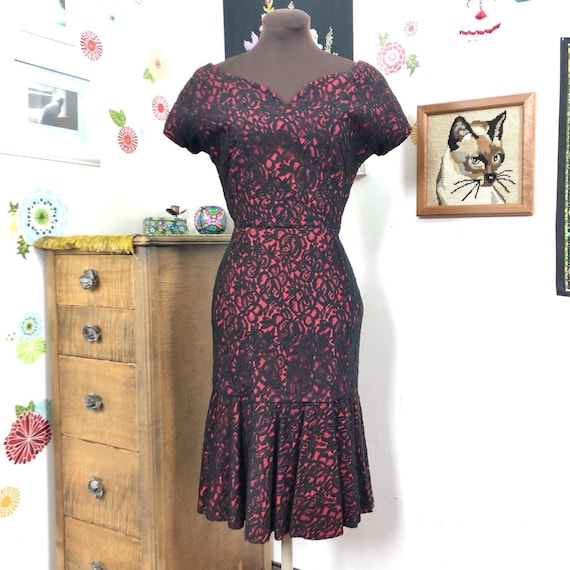 Vintage Cocktail Dress, 1960s Red & Black Lace Wi… - image 1