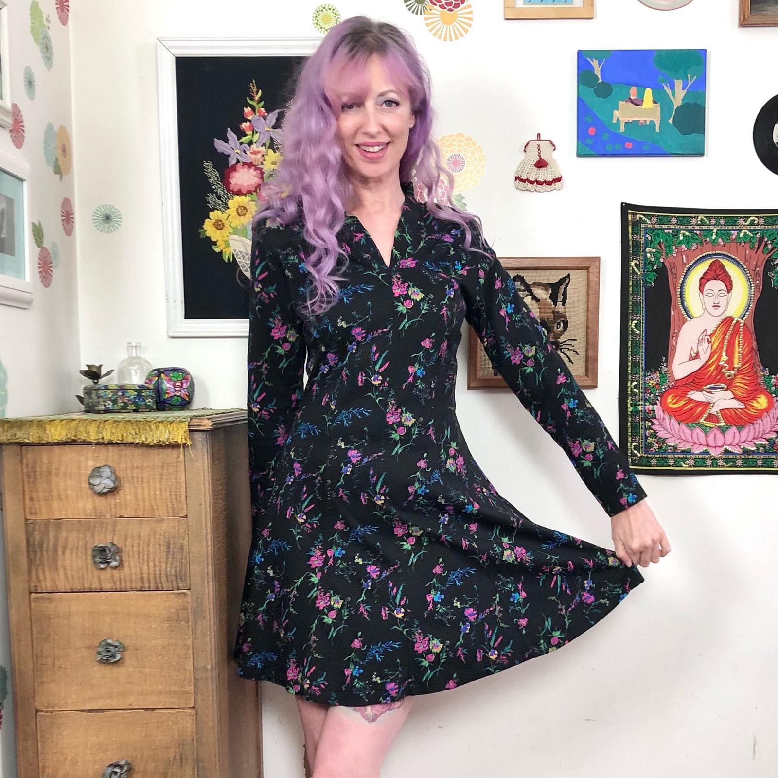 Vintage Floral Skater Dress, 1990s Long Sleeve Flower Print Cotton