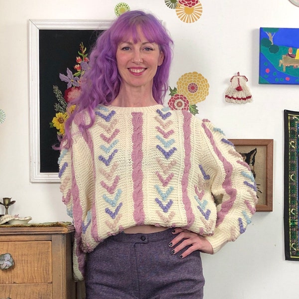 Vintage Pastel Cable Knit Sweater, 1980s Chunky Wool Sweater in Cream with Pastel Chevron Design, Size XL