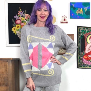 Vintage Oversized Geometric Print Sweater, 1980s Gray Pink Purple & Yellow Pullover, Sz M-1X
