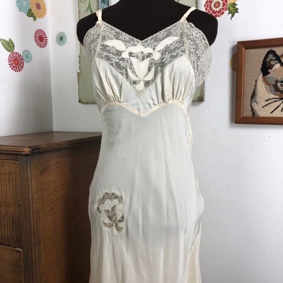 1940s Slip, Full Slip in Ivory with Lace and Appli