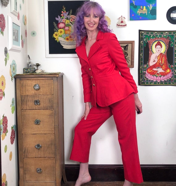 Vintage Red Leisure Suit, 1970s Ladies Pant Suit Size M 