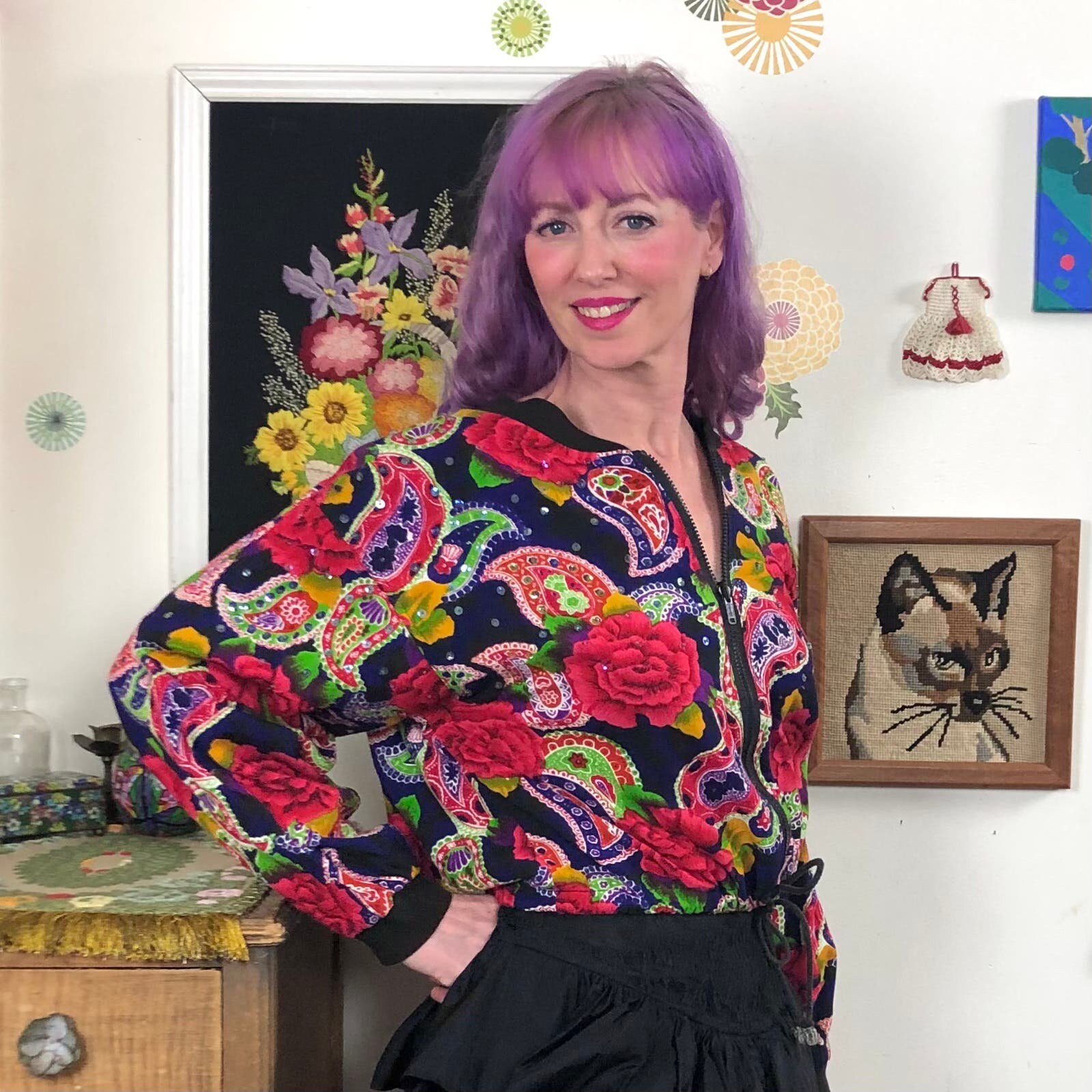 ジャケット・アウター 80s90s vintage floral fur bomber jacket Vintage Floral Bomber Jacket, 1990s Bohemian Cotton Flower Print