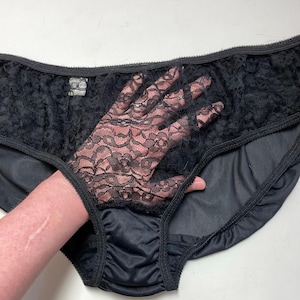 Vintage Sheer Black Floral Lace Panties, 1970s Lace Front Bikini Panty Sz L XL
