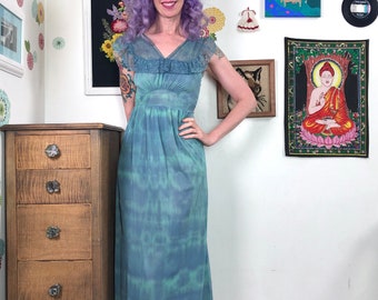 Vintage Nightgown, 1950s Lingerie Hand Dyed Green Blue, Vintage Slip Dress, Size XS-S